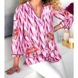 Soft Surroundings Altea Pink Chevron 3/4 Sleeve Embroidered Beaded Tunic | L GUC